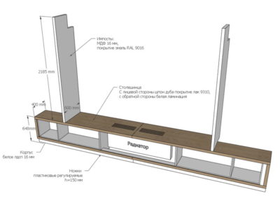 Проект тумбы-подоконник со съемной дверцей для обслуживания радиатора - Woodkivi