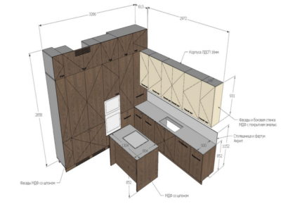Схема кухни в шпоне орех со шкафами и центральной стойкой под варочную поверхность чертеж - Woodkivi Екатеринбург